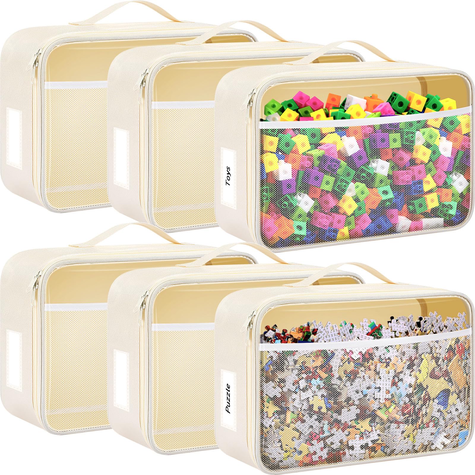 Abbylike 6 Pack Toy Storage Bag Bricks Building Set Car Toy Organization Bags for Traveling Carrying Case, Storage Organizer Puzzles(White)