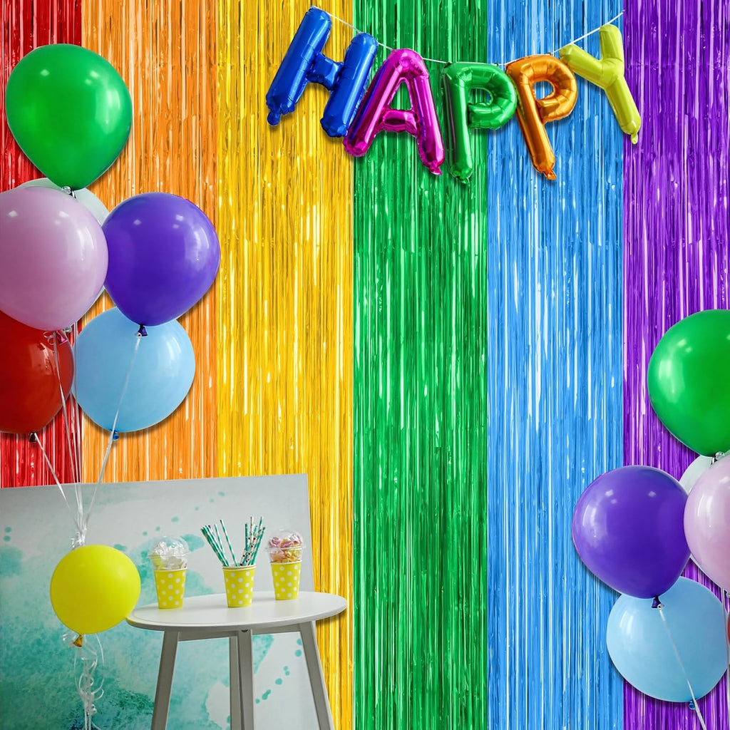 ZATAYE Rainbow Backdrop - 4 Pack Metallic LGBT Party Decor | 3.28 FT x 7.05 FT Tinsel Streamers