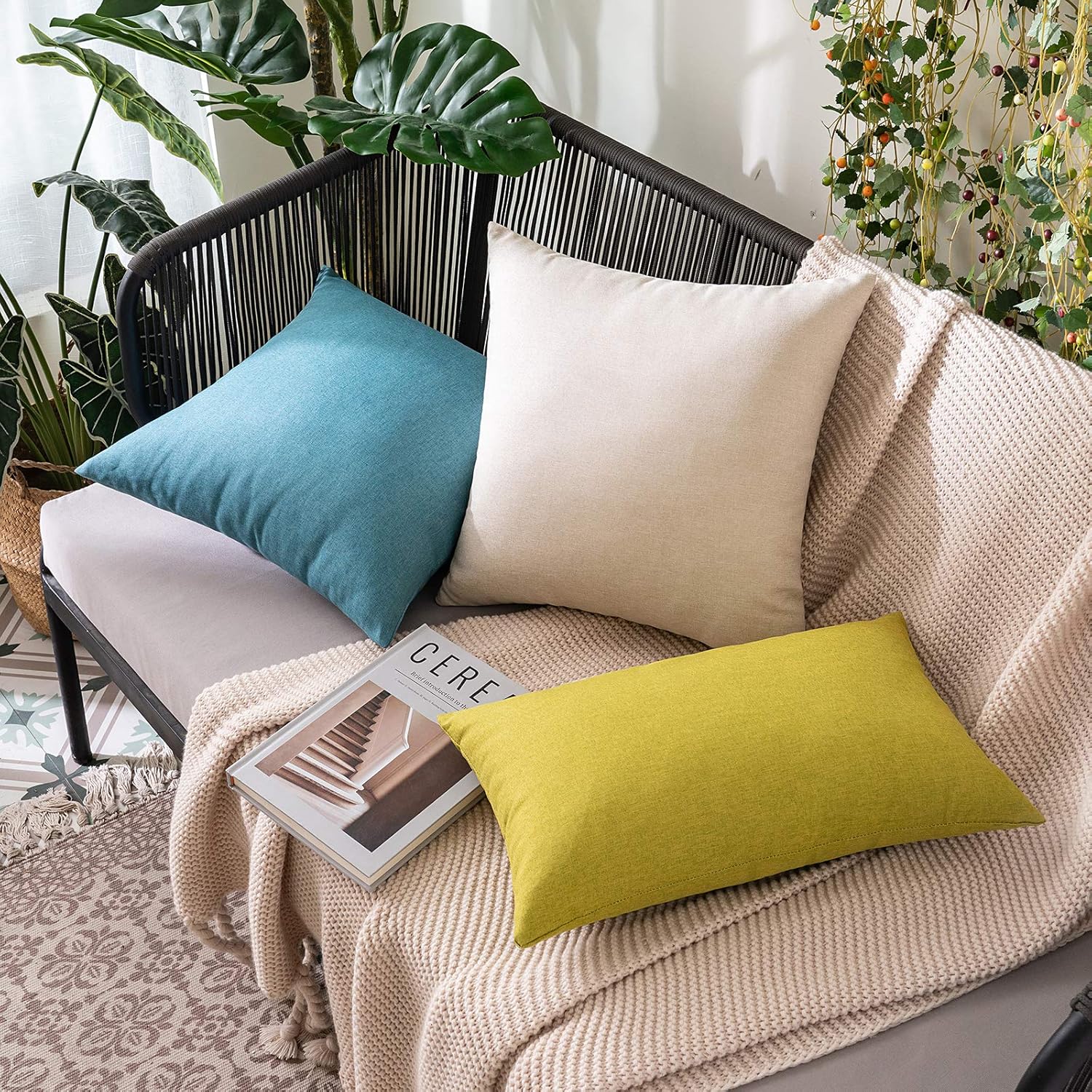 MIULEE Decorative Outdoor Throw Pillow Covers - Waterproof Faux Linen Cushion Cases | 16x16 Inch Beige (Pack of 2)