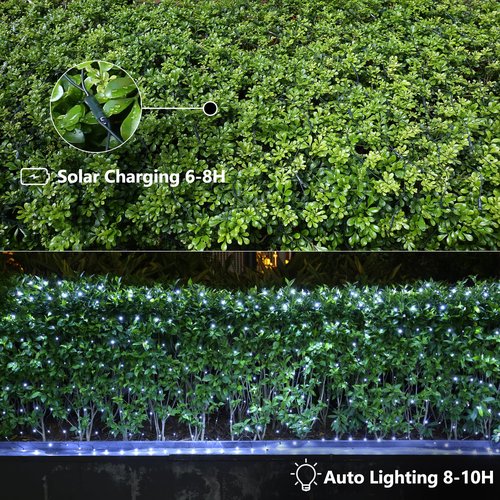 iBaycon 4ft × 6ft Solar Net Mesh Lights, Solar Powered Christmas Net Light Outdoor Waterproof, 8 Modes Bush Netting Lights for Xmas Trees, Party, Garden, Wedding, Outdoor Decorations (White, 2PACK)