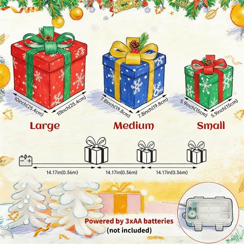 Christmas Light Up Gift Box Set (3 Pcs) - 8 Lighting Modes Battery Powered, Festive Holiday Decorations for Indoor Outdoor Tree, Yard, Home