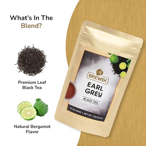 BREWIX Earl Grey Tea Bags - Long Leaf Indian Black Tea with Bergamot | 22 Pyramid Bags in Resealable Pouch