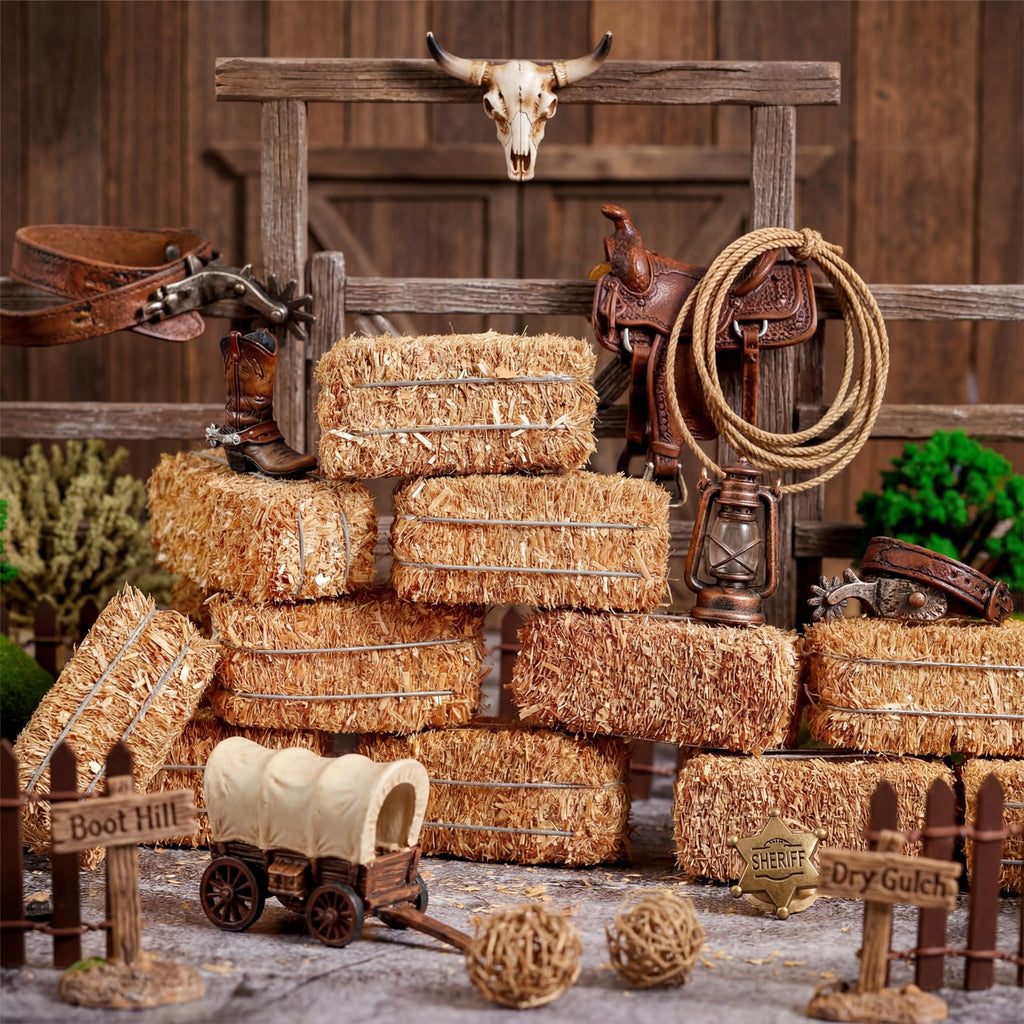 Maasechs 6 Pcs Mini Hay Bales Miniature Hay Bales for Decoration Small Decorative Straw for Easter Scene Rustic Wedding Western Cowboy Themed Birthday Party Decorations (2.6 x 1.2 x 1.2 Inch)