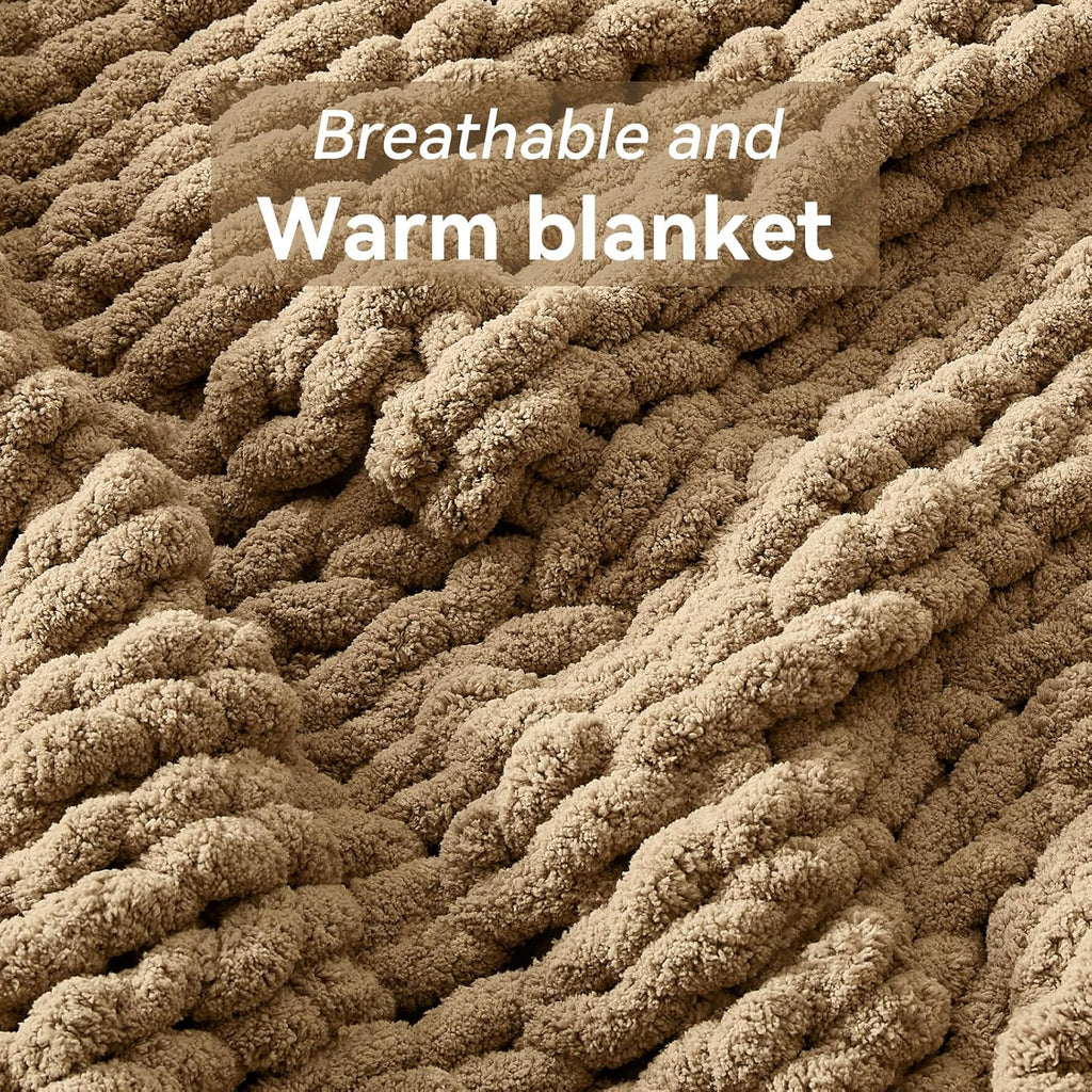 Negwoo Chunky Knit Throw Blanket - Handmade Light Brown Chenille Yarn | Soft & Comfy 40'' x 50'' Size