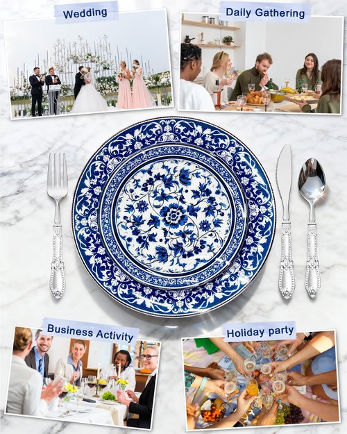 Hioasis 175PCS Blue Plastic Plates - Floral Disposable Dinnerware Set for 25 Guests, Include 50 Dinner & Dessert Plates, 75 Silver Cutlery, 25 Napkins, 25 Cups Perfect for Party (Art Style)
