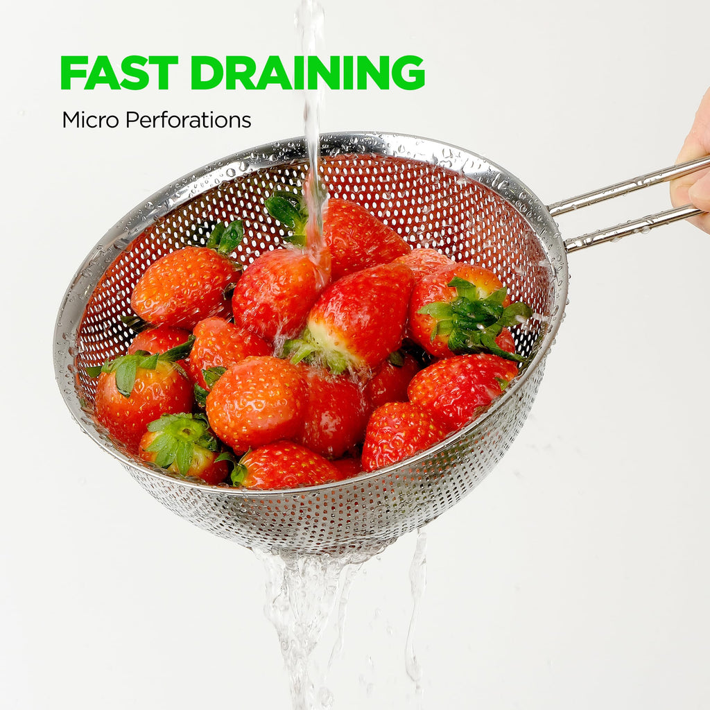 COMPORT K Premium 18/8 304 Stainless Steel Set of 3 – Micro-Perforated Strainer with Long Handle, Self-Draining Base for Pasta Rice Vegetables, 18/8 304 Heavy Duty (1.5, 2.5, 4 Qt) Made in Korea