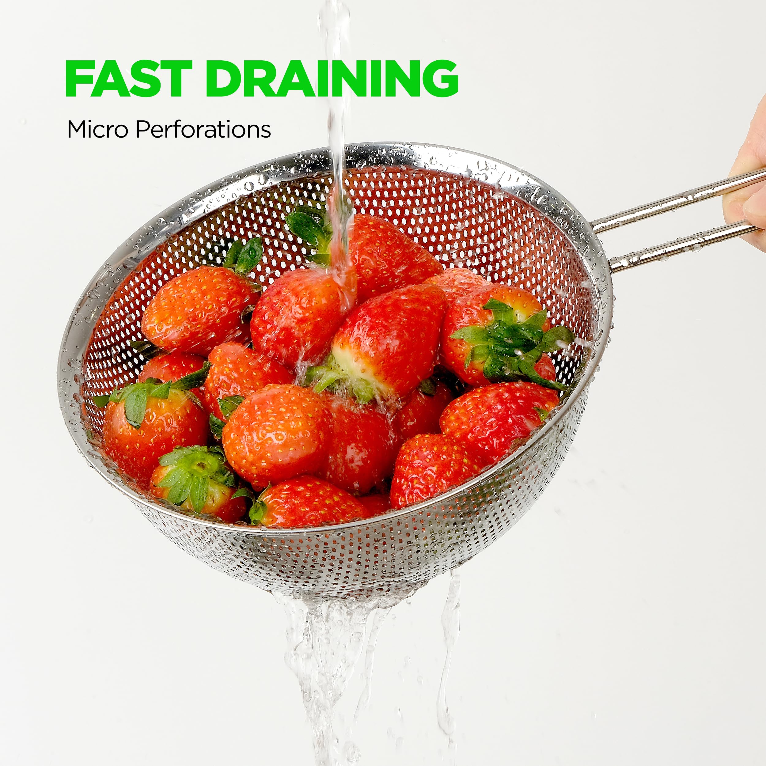COMPORT K Premium 18/8 304 Stainless Steel Set of 3 – Micro-Perforated Strainer with Long Handle, Self-Draining Base for Pasta Rice Vegetables, 18/8 304 Heavy Duty (1.5, 2.5, 4 Qt) Made in Korea