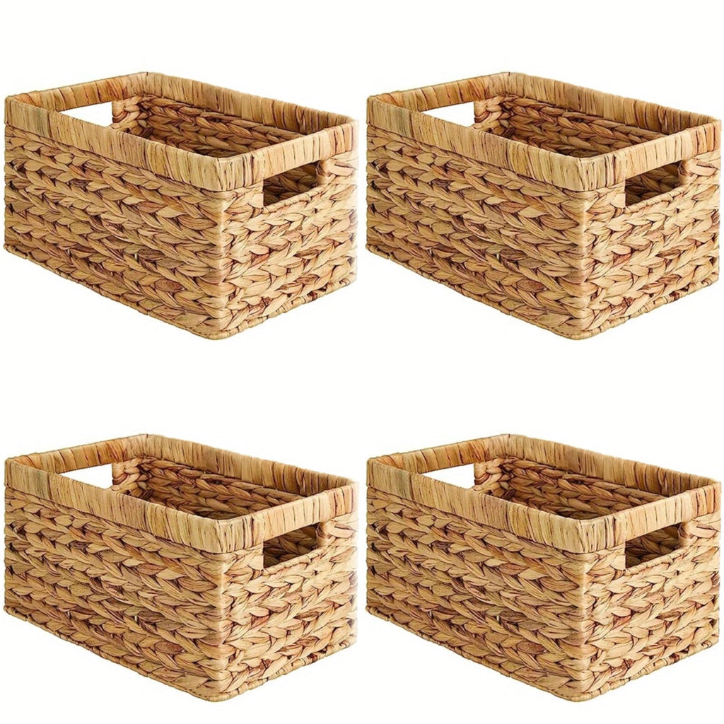 Water Hyacinth Storage Baskets for Shelves, Set of 4 Wicker Pantry Shelf Baskets with Built-In Handles, Woven Organizer Bins for Closet, Bathroom, Kitchen Cabinets, 13 x 8.25 x 7 In