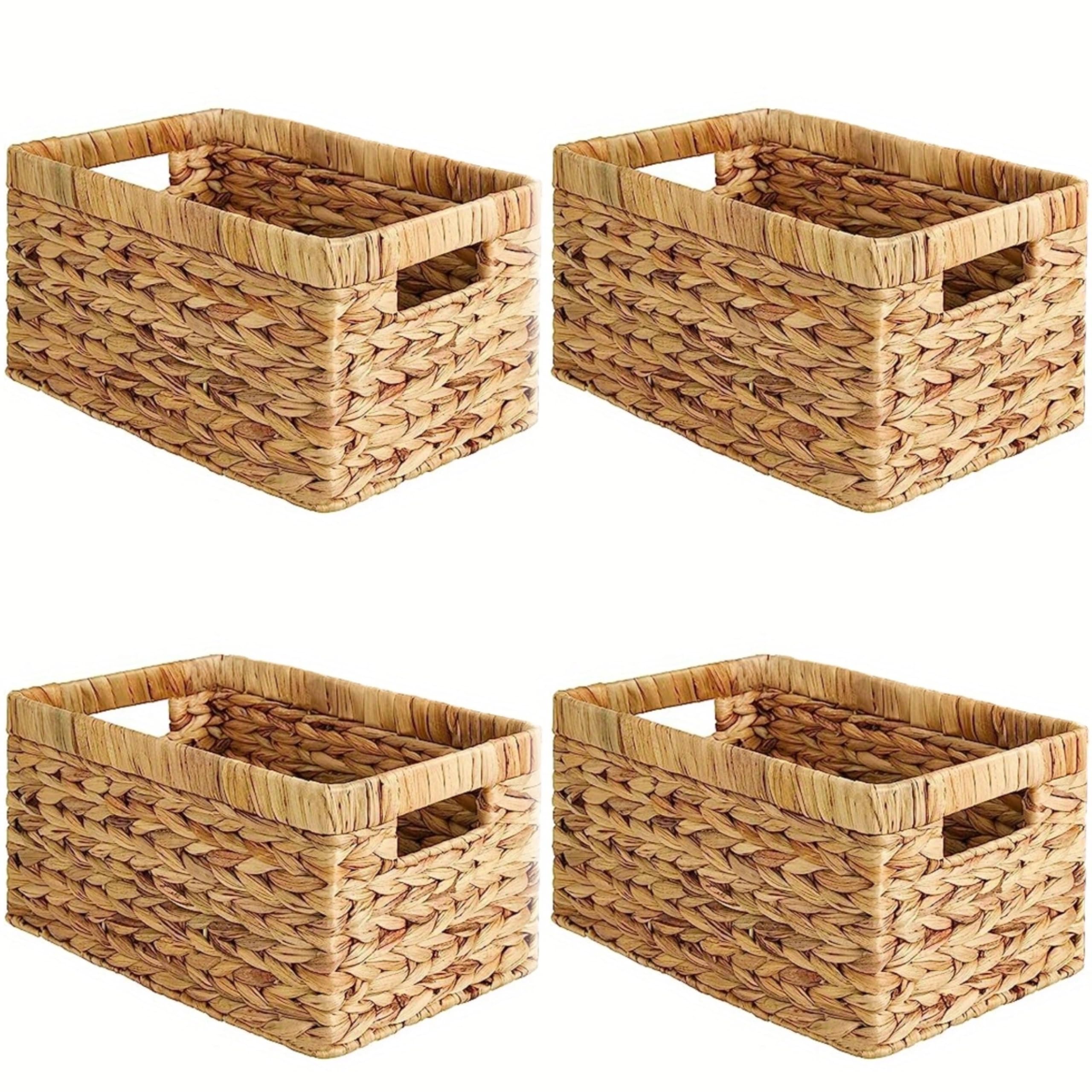 Water Hyacinth Storage Baskets for Shelves, Set of 4 Wicker Pantry Shelf Baskets with Built-In Handles, Woven Organizer Bins for Closet, Bathroom, Kitchen Cabinets, 13 x 8.25 x 7 In