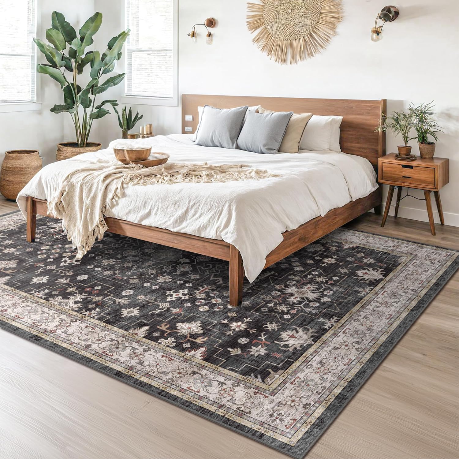 Skiennix Black Farmhouse Area Rug - Washable 8x10 for Living Room, Bedroom & Dining Room | Stain Resistant Non-Slip