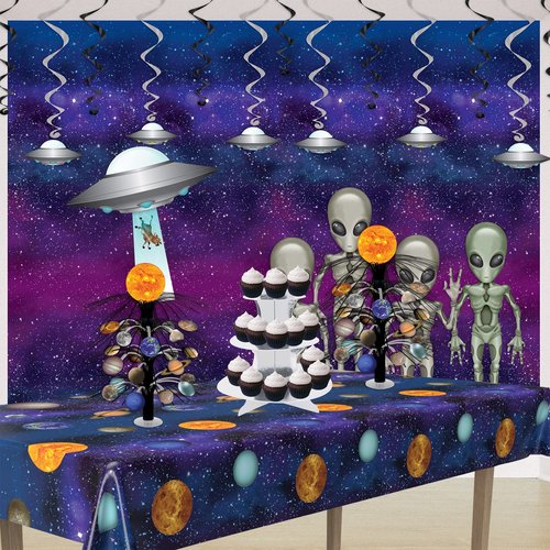 Beistle Flying Saucer Whirls – 24 Pack, Black & Silver Hanging Swirl Decorations with UFO Cutouts, Space-Themed Ceiling Décor for Alien Parties, Sci-Fi Events & Cosmic Galaxy Celebrations, 17½"–25"