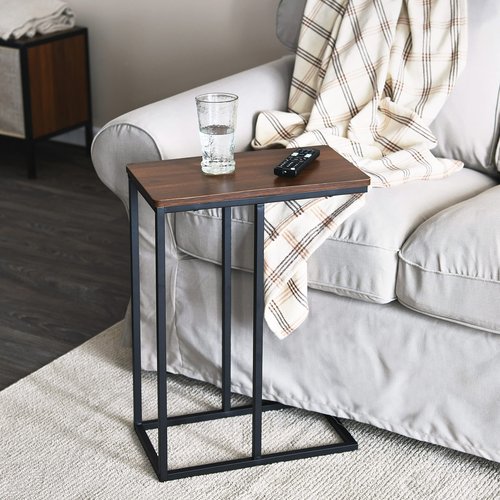 Household Essentials Jamestown C-Shaped for Accessiblity Side End Table Mid Century Walnut Wood Grain and Black Metal