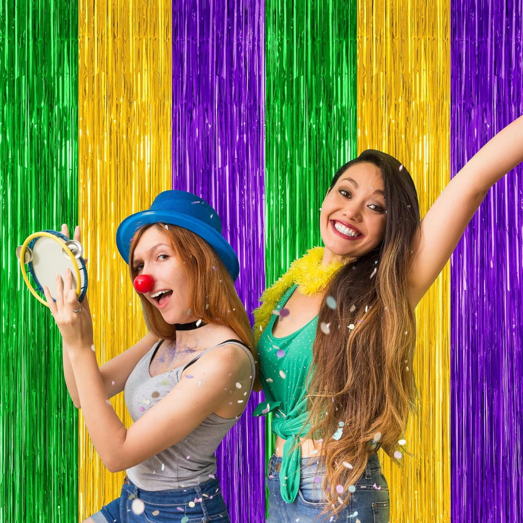 Skiennix Mardi Gras Tinsel Backdrop - 2 Pack Metallic Fringe Curtain | 3.28 FT x 7.05 FT, Purple Gold Green