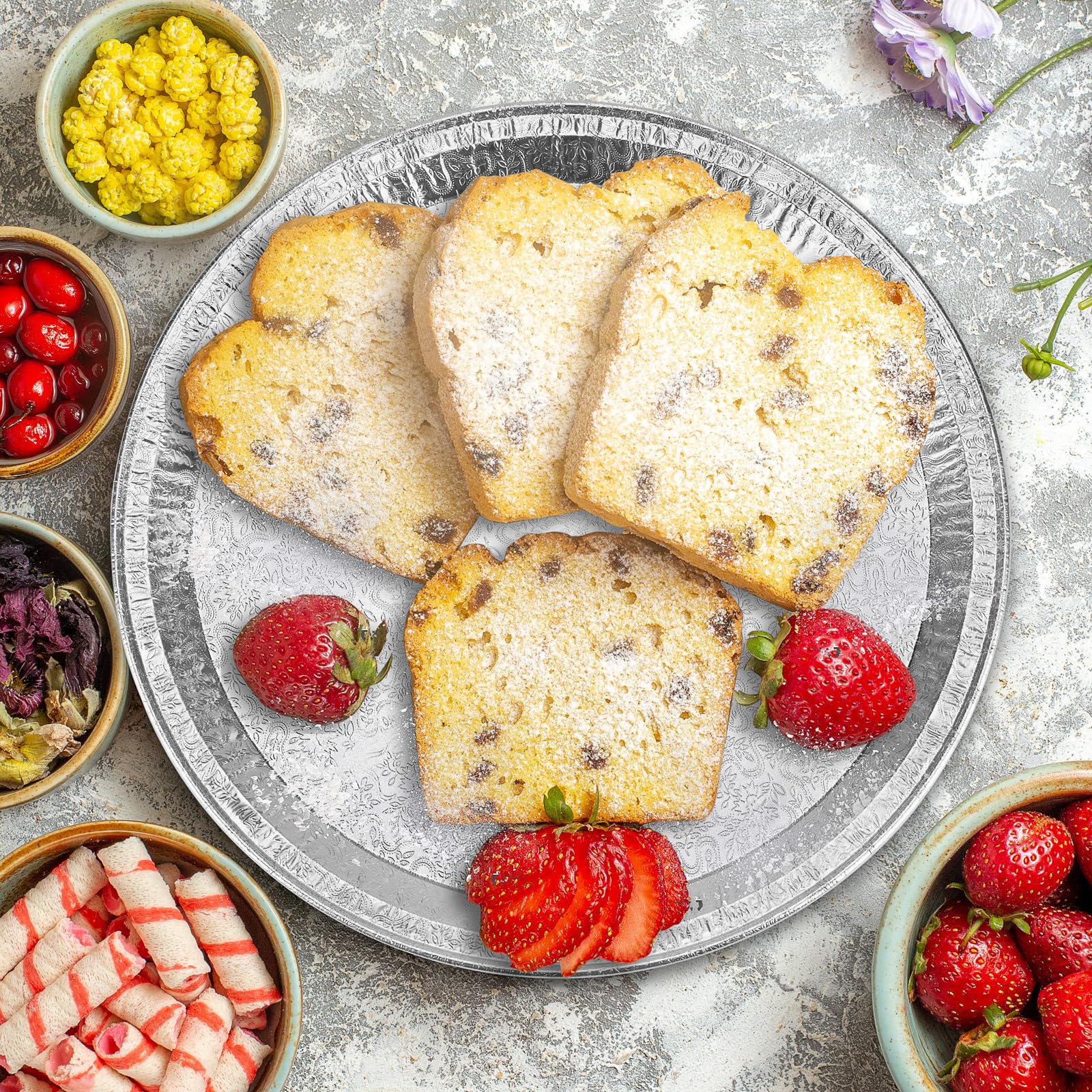 Roponan 15 Pack Serving Platters 12”, Disposable Aluminium Foil Serving Trays for Parties, Silver Embossed Foil Serving Dishes/Plates for Vegetable, Fruit, Slices of Cake, Cookies