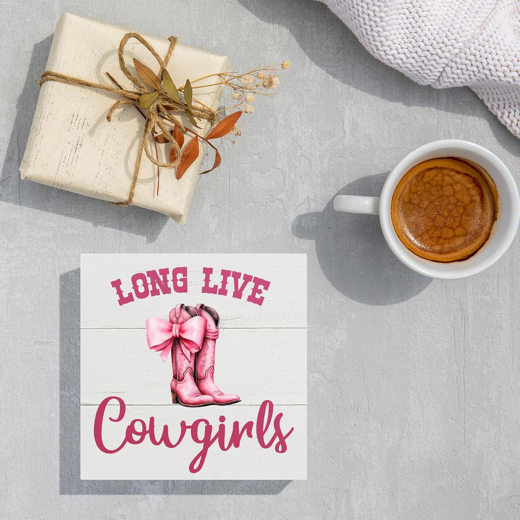 Skiennix Pink Bow Western Cowgirl Decor - Charming Wooden Box Sign for Nursery & Teen Rooms | 5x5 Inches