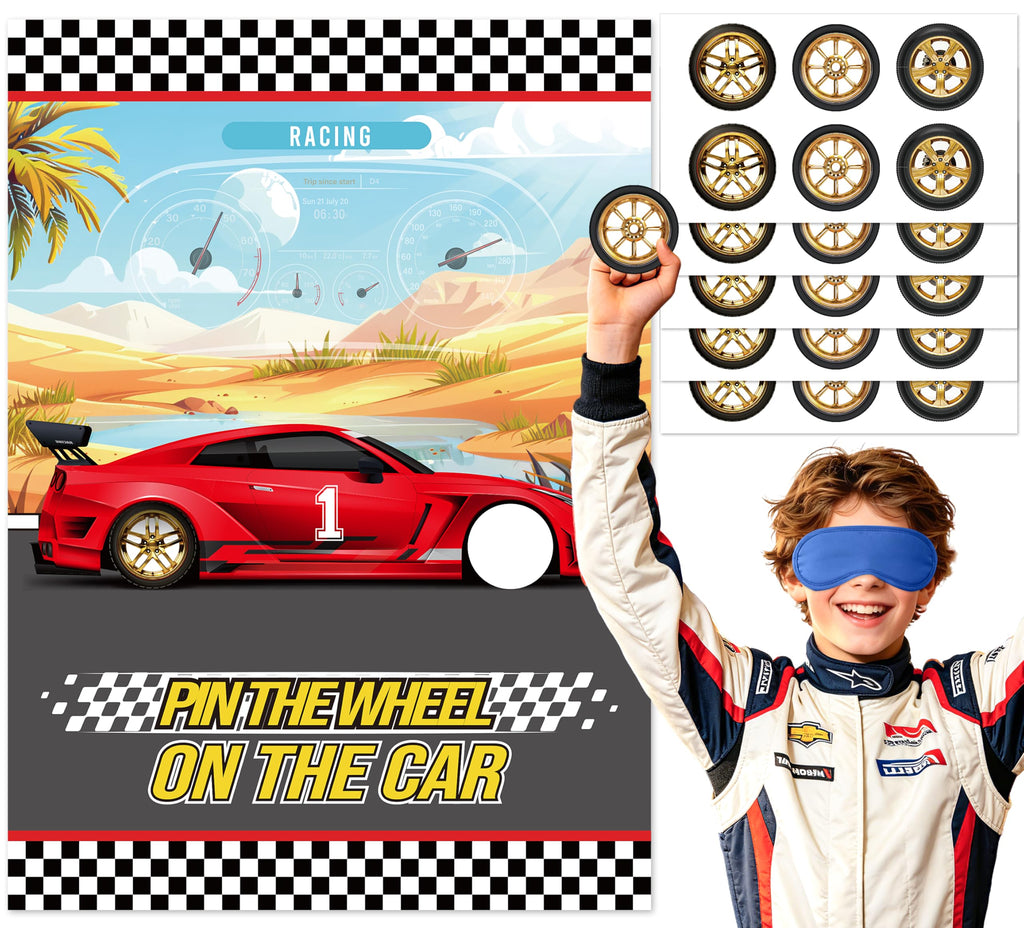 WNINK Pin The Wheels On The Car Games, Cars Party Games, Birthday Game with 30 Gold Tyres Stickers, 2 Blindfolds for Car Theme Birthday Party Racing Car Party Gifts