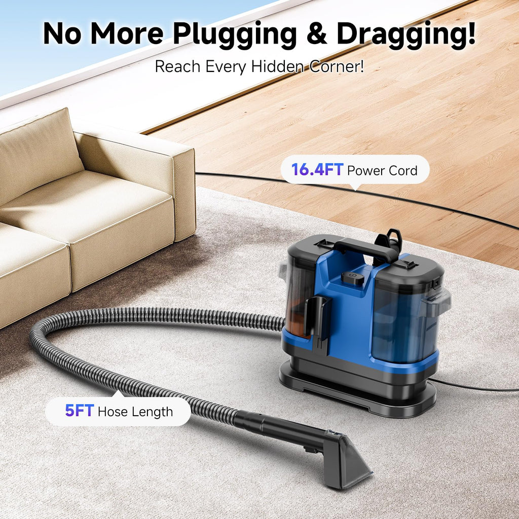 Vaconly Portable Carpet & Upholstery Cleaner Machine, Handheld Spot Cleaner with Dual Brush, 18KPa Suction, Large Removable Tank for Couch, Car, Stairs, Rugs & Pet Stains, Blue