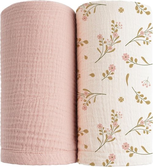 Konssy Muslin Swaddle Blankets - Soft & Breathable 2-Pack Baby Receiving Blankets | Large 47 x 47 Inches (Pink, Floral)