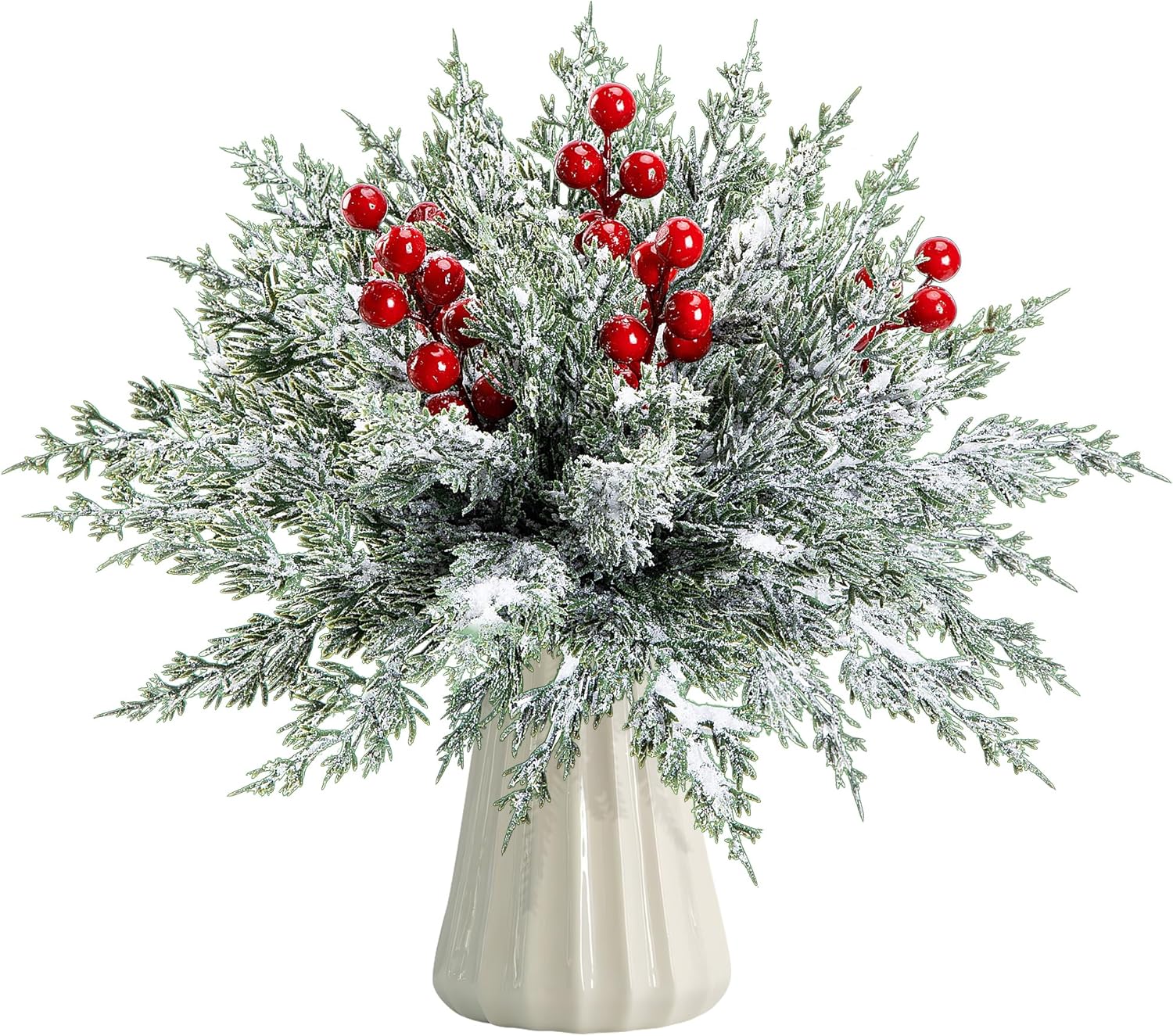 Skiennix 45 Pcs Artificial Christmas Snow Pine Branches - Snowy Faux Greenery with Red Berry Stems for Festive Home Decor
