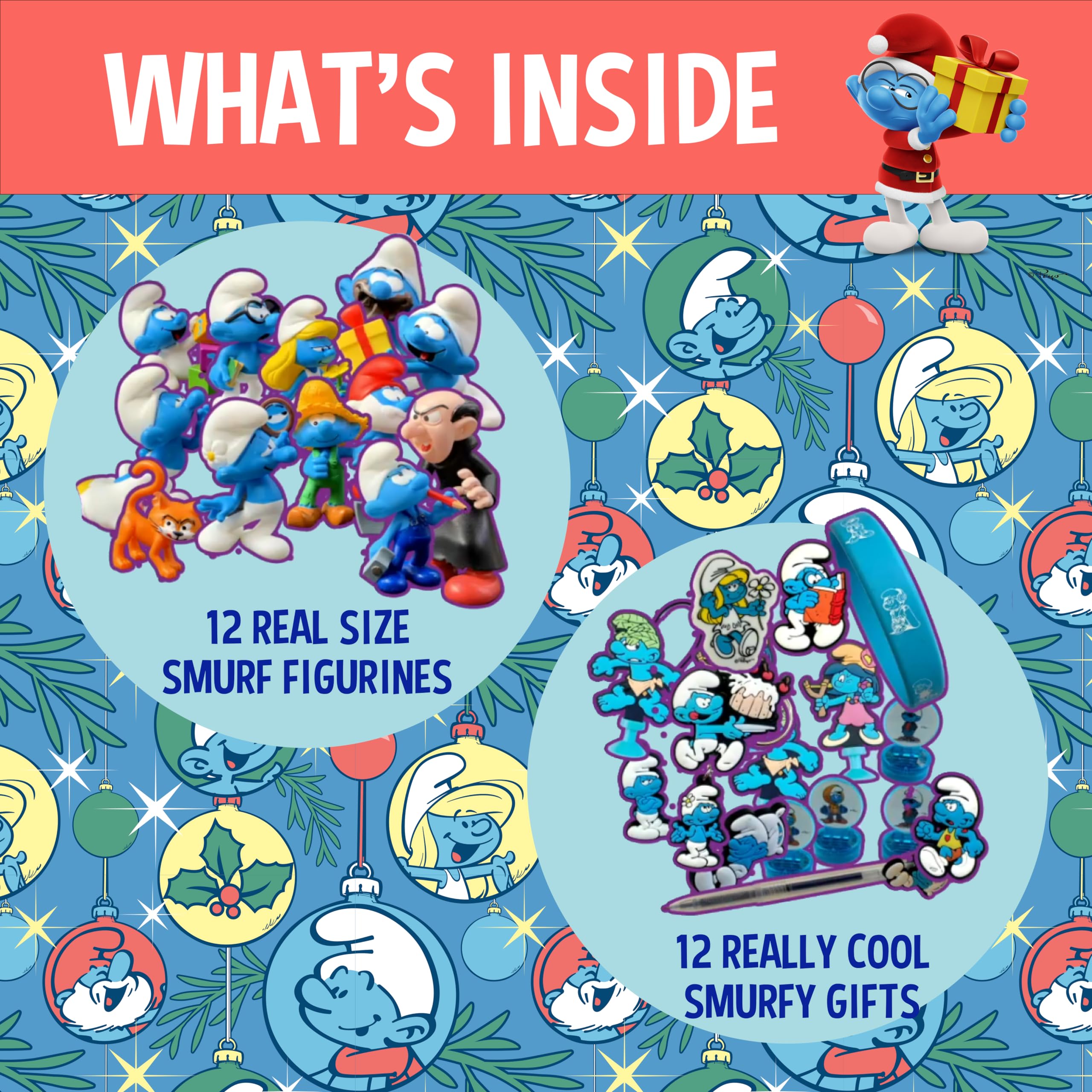 The original SMURFS countdown Calendar Collectible Cartoon Toys for Boys and Girls, 12 Figurines + 12 SMURFY gifts! Ages 3+. 24 Pieces