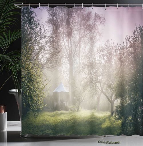 Ambesonne Landscape Shower Curtain, Pavilion in Moody Garden with Trees Misty Weather Foggy Nature Image, Cloth Fabric Bathroom Decor Set with Hooks, 69" W x 70" L, Mauve Green White