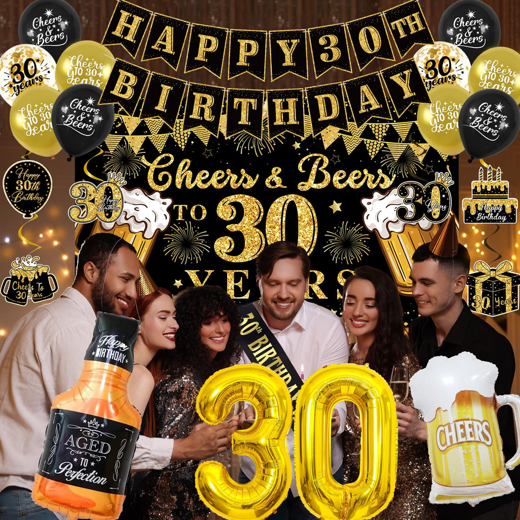Vlipoeasn 30th Birthday Decorations for Him, Cheers and Beers to 30 Years Decorations for Men, Happy 30th Birthday Decor Kit with Backdrop Banner, King Sash
