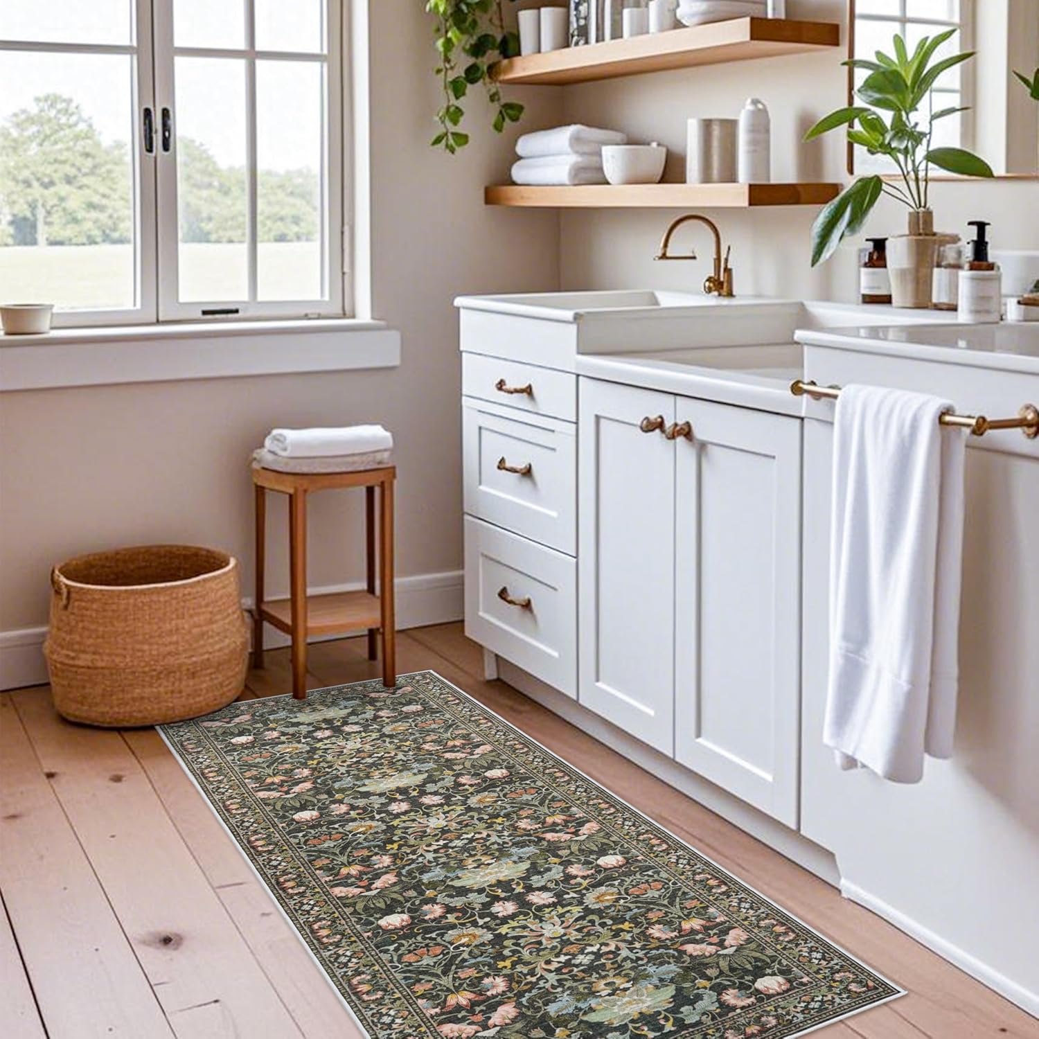 **Regine Switzerland Washable Runner Rug - Oriental Floral Design, Stain Resistant | 2x5 Green for Entryway & Kitchen**