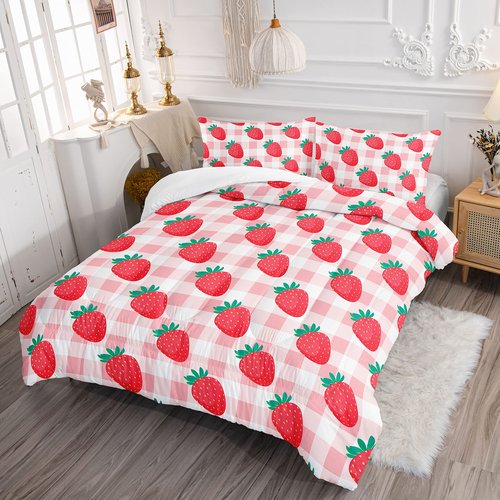 Datura home Kawaii Strawberry Comforter Bedding Set for Girls ,Pink Grid Pattern Bedding Set with 1 Comforter and 2 Pillowcases for Girls Bedroom All Season(Strawberry Full) Full 80x90inches