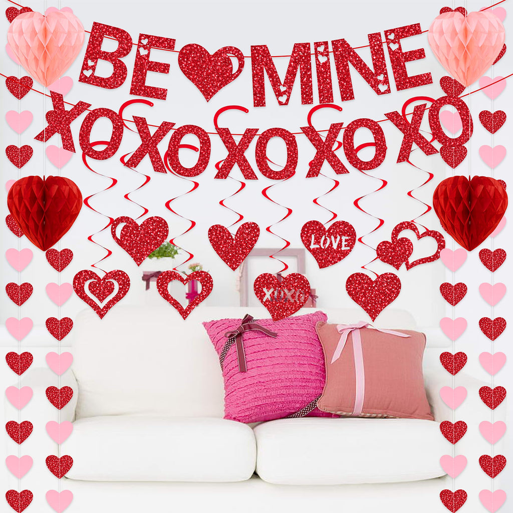 Pre-Strung Valentines Day Decorations, Red BE Mine XO Valentine's Banner,Heart Garlands & Hanging Swirls & Heart Honeycomb for Party Supplies, Valentines Decor Home Anniversary Wedding Bedroom