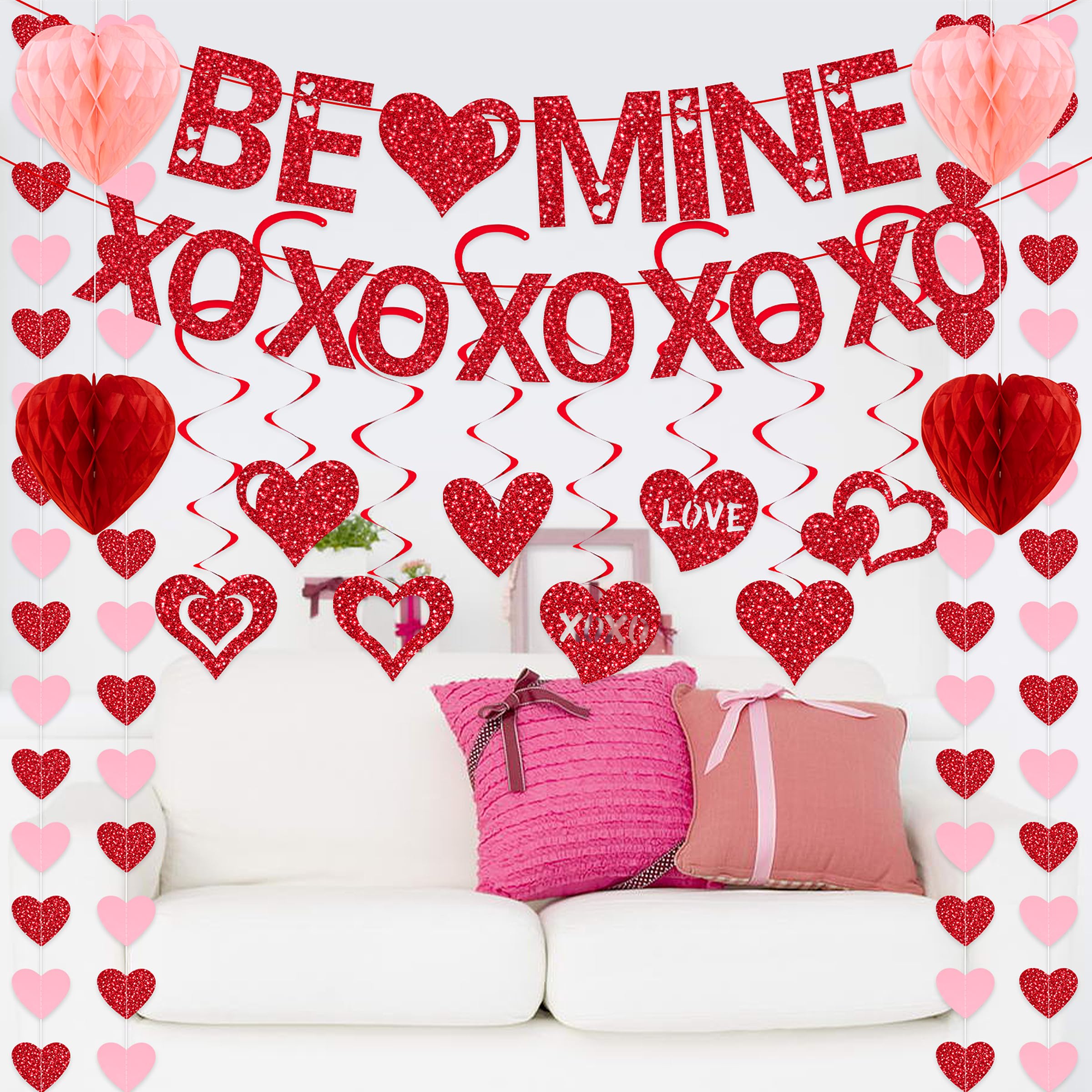 Pre-Strung Valentines Day Decorations, Red BE Mine XO Valentine's Banner,Heart Garlands & Hanging Swirls & Heart Honeycomb for Party Supplies, Valentines Decor Home Anniversary Wedding Bedroom