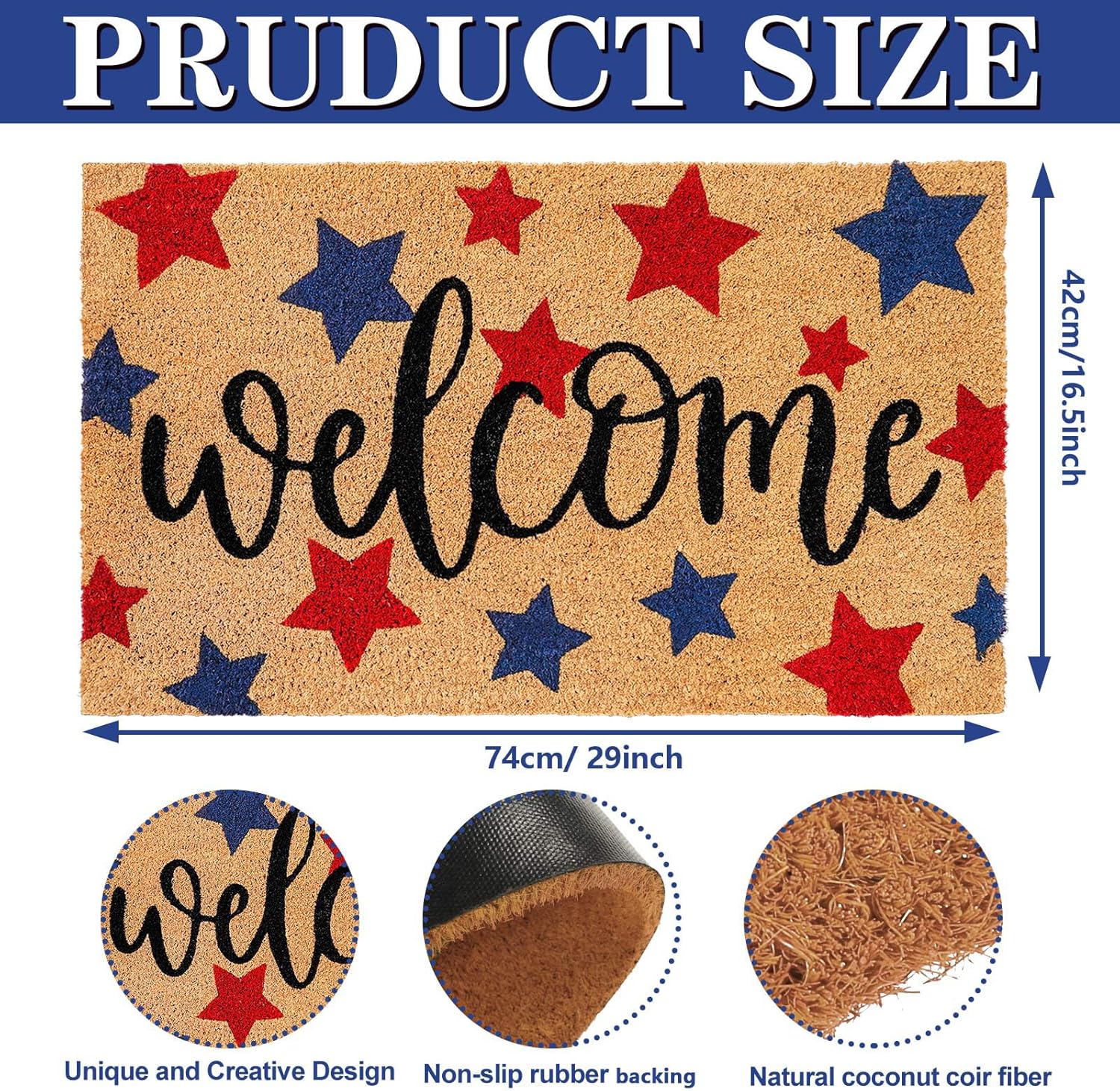 Whaline Patriotic Coir Door Mat - Non-Slip 4th of July Welcome Mat | Red & Blue Star Design, 16.5 x 29 Inch
