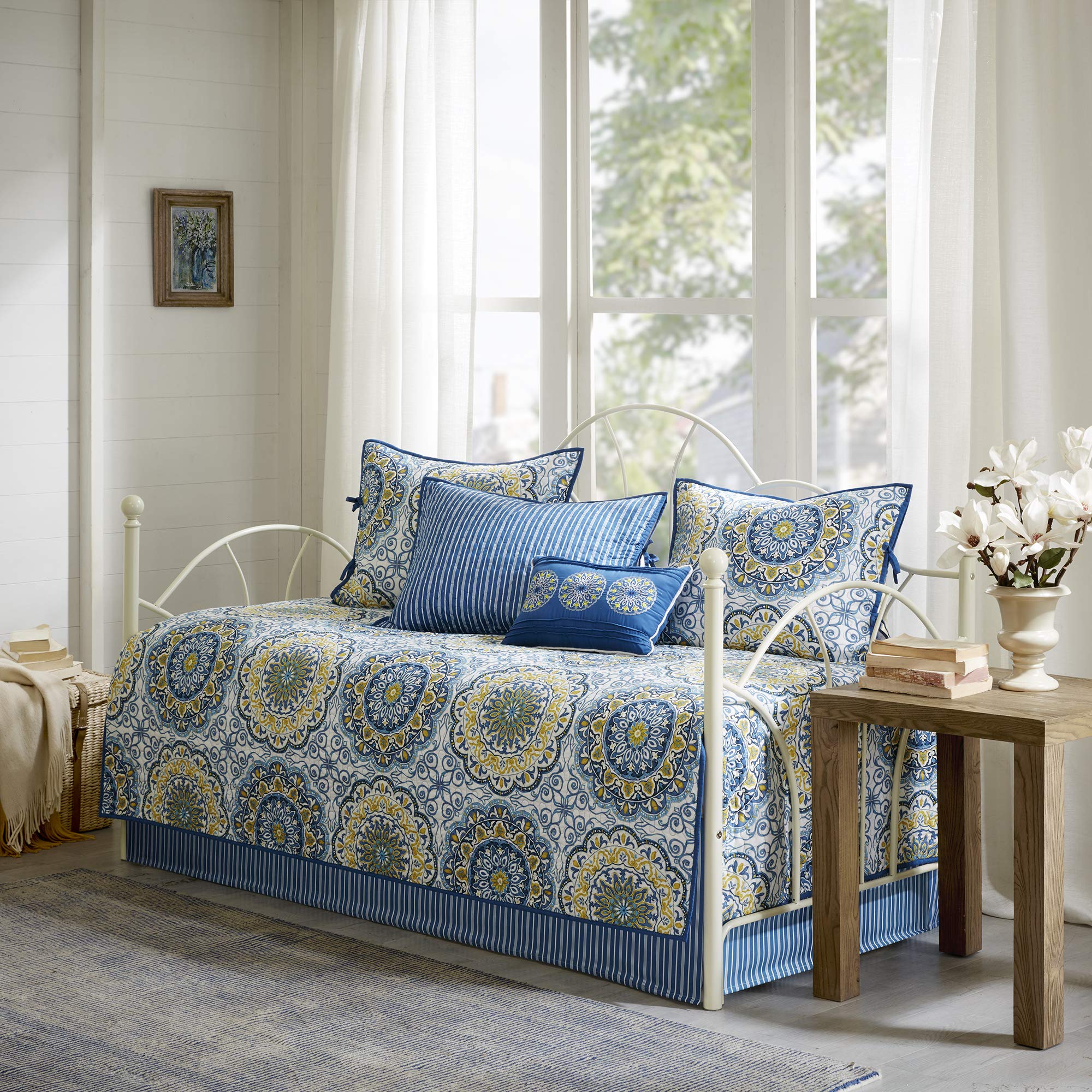 Madison Park Daybed Cover Set-Double Sided Quilting Casual Design All Season Bedding with Bedskirt, Matching Shams, Decorative Pillow, 75"x39", Medallion Blue 6 Piece