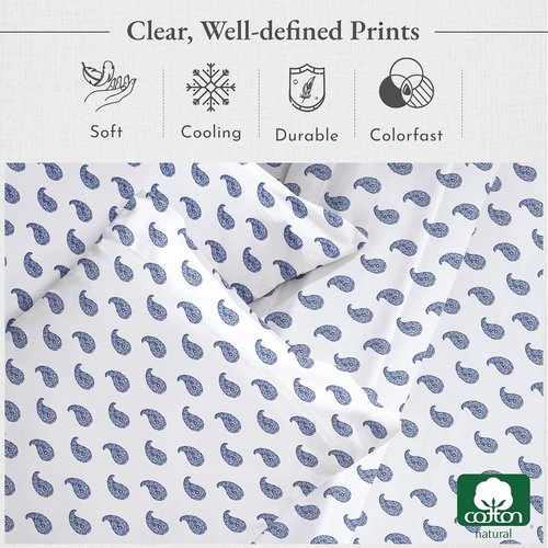California Design Den Full Size Bed Sheets Set - 400 Thread Count Sateen, Deep Pocket, 100% Cotton - Paisley Blue