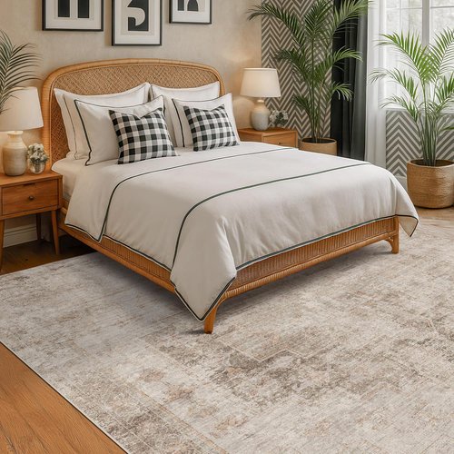 Hazo Haus Area Rug - Neutral Farmhouse Design, Washable 6x9 Size, Soft Textured Boho Decor, Fade & Stain Resistant