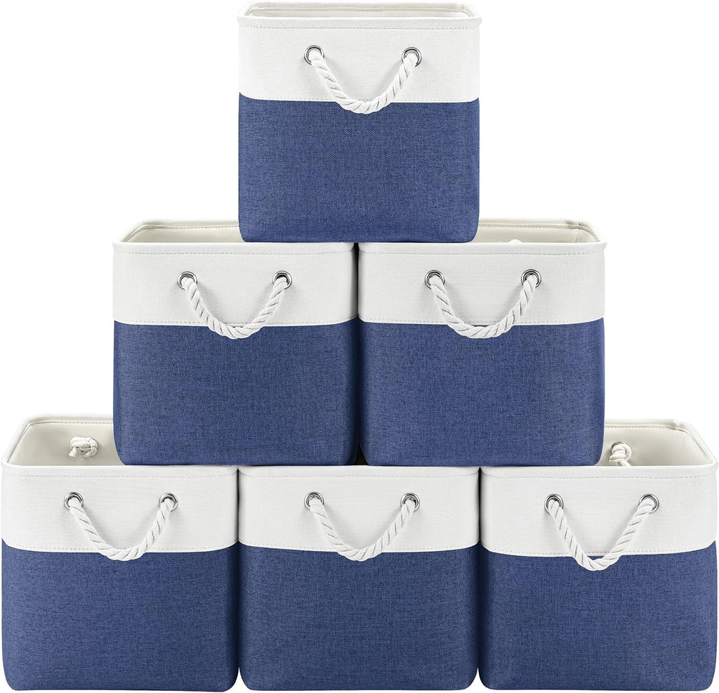Patvingot 11-Inch Cube Storage Bins - 6 Pack Fabric Organizer Baskets with Rope Handles | White/Blue