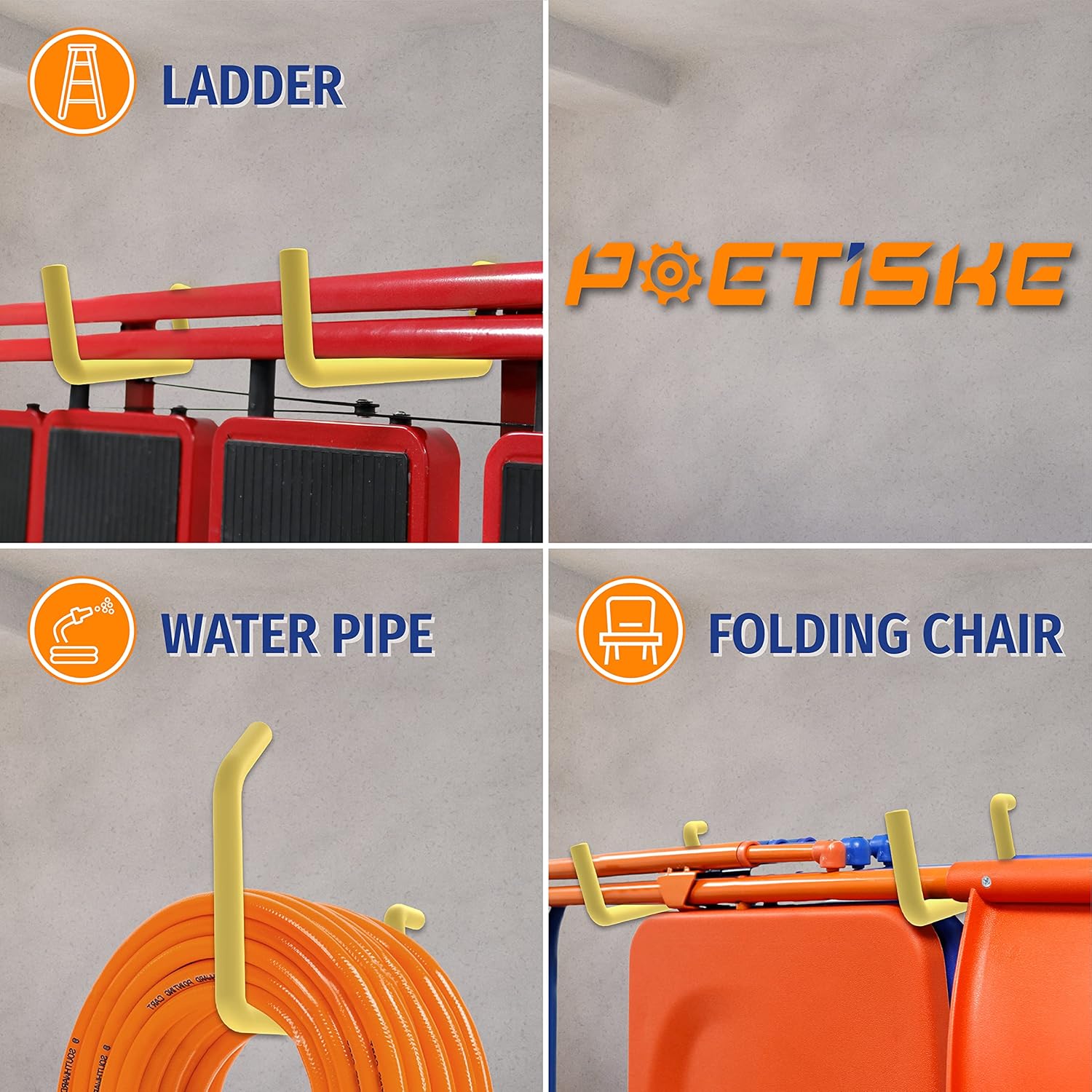 POETISKE Heavy-Duty Screw-In Ladder Bike Hooks - Wall-Mounted Ceiling Hanger | 4-Pack Vinyl Coated