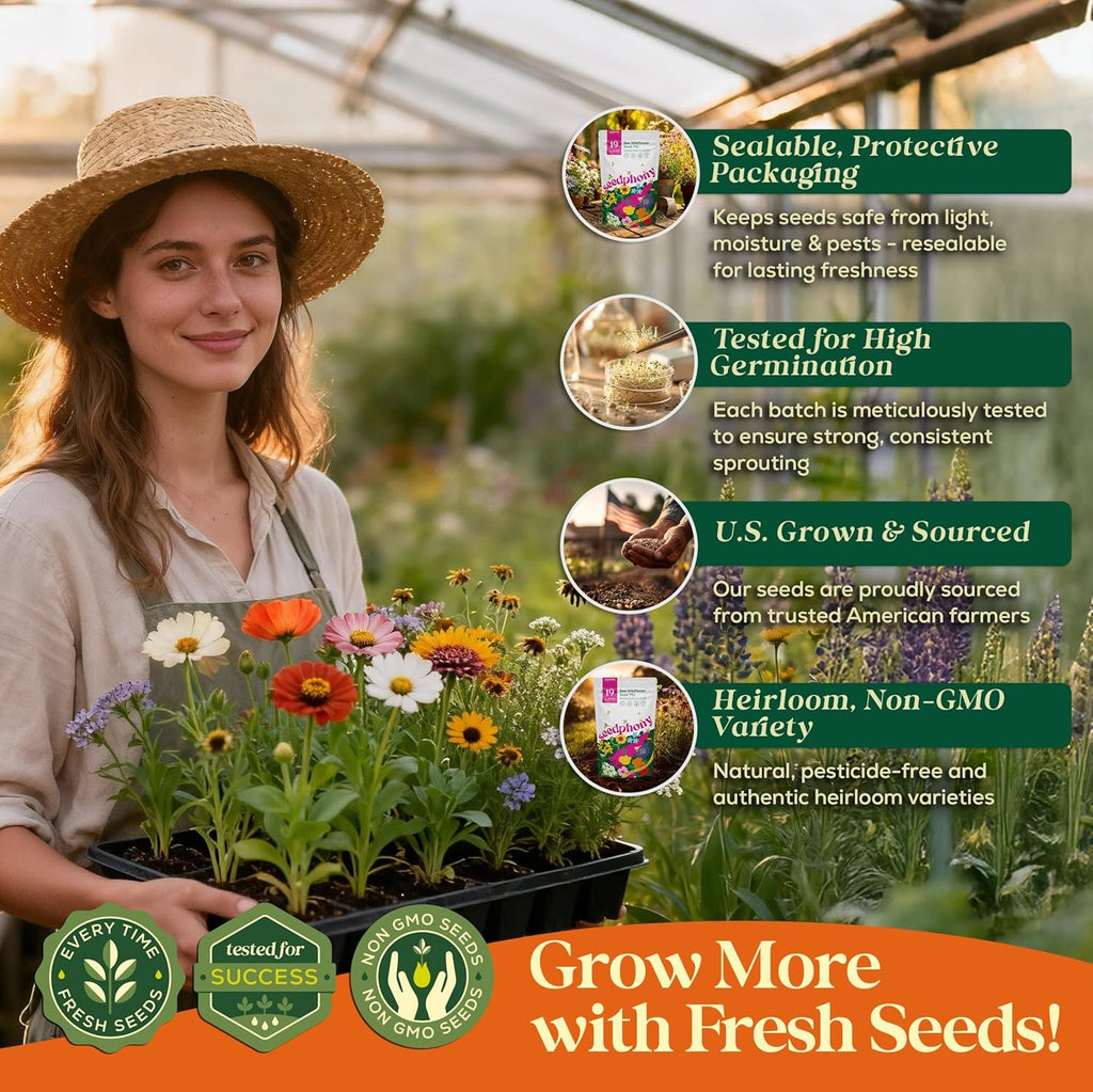 Seedphony Wildflower Seeds Mix - 100,000 Non-GMO Heirloom Seeds for Pollinators | 4oz Waterproof Packet