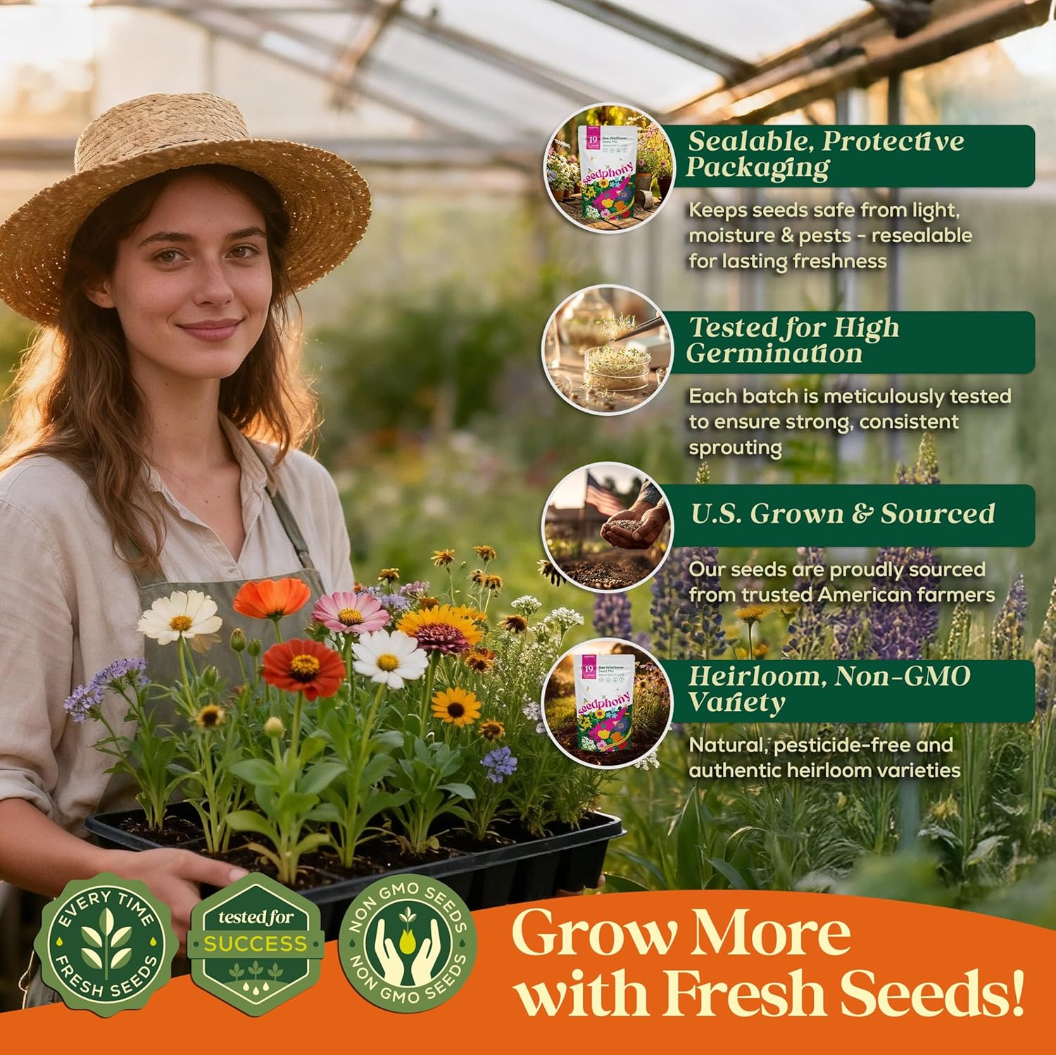 Seedphony Wildflower Seeds Mix - 100,000 Non-GMO Heirloom Seeds for Pollinators | 4oz Waterproof Packet