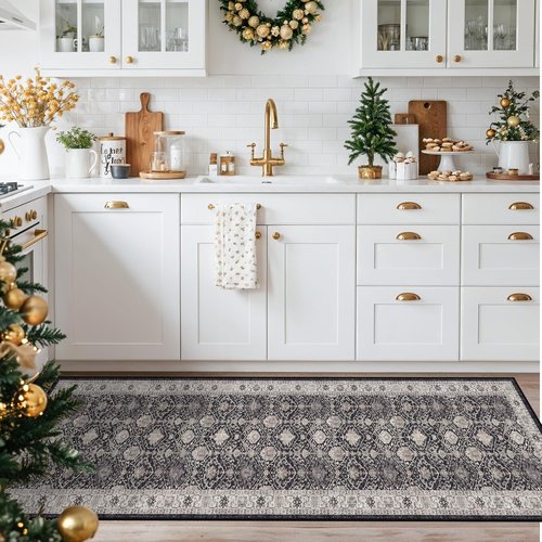 Hallway Runner Rug - 2x8 Washable Oriental Design | Stain Resistant, Ultra Soft, Non-Slip Black Mat