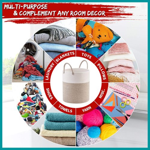 MINTWOOD Design Large 18 x 16 Inches Decorative Woven Cotton Rope Basket, Tall Laundry Basket Hamper, Blanket Basket for Living Room, Storage Baskets for Toys, Towel, Throw, Pillow, Light Brown