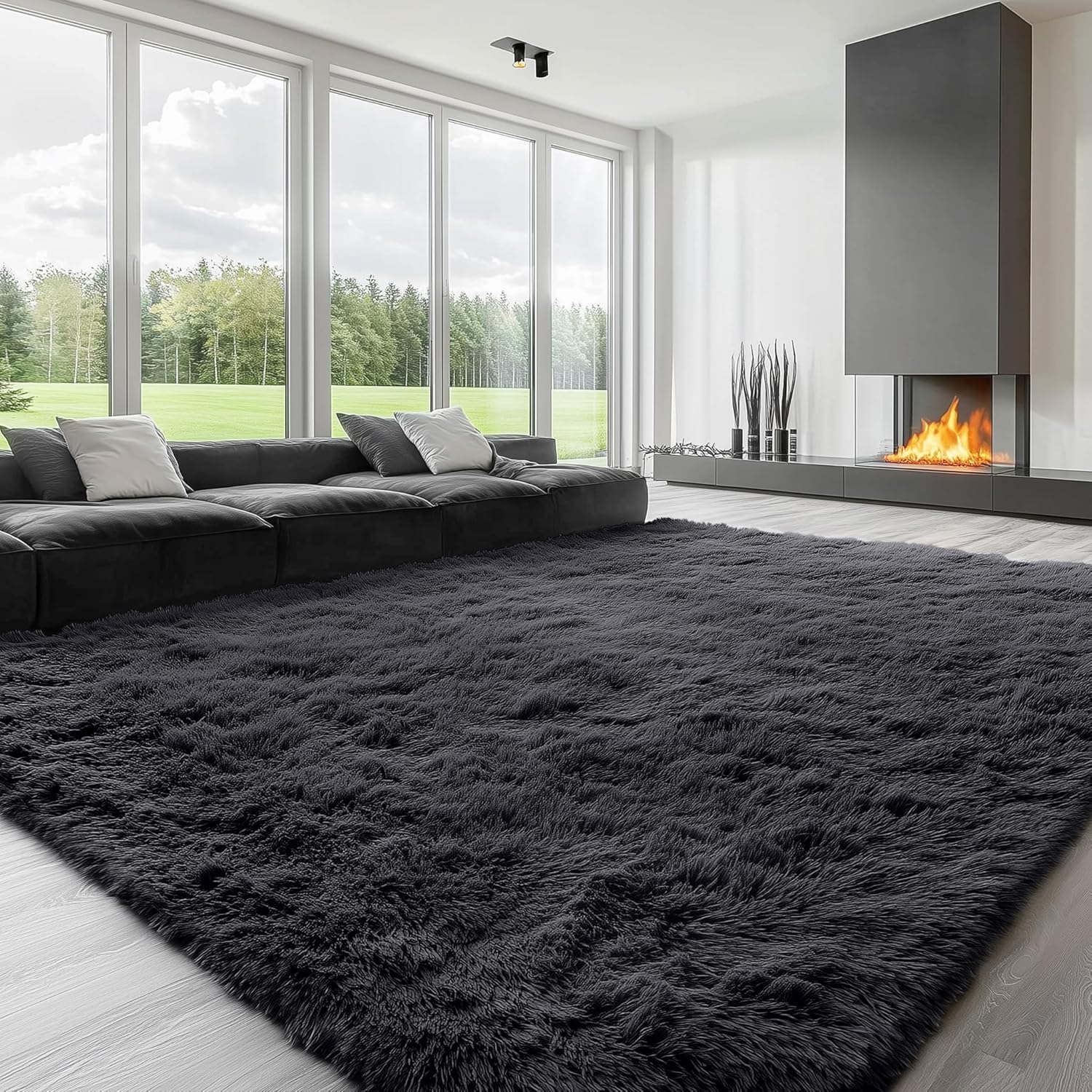 OLANLY Large Area Rug - Soft Fluffy Shaggy Carpet for Living Room & Bedroom | Machine Washable, Black 8x10