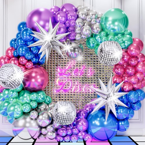 ALL-IN-1 Disco Balloon Arch Kit with BONUS Disco Balls & Starbursts for Disco Party Decorations - Metallic Balloon Arch Kit for 90s Theme Party Decoration, Prom Decoration, Karaoke Party Decorations