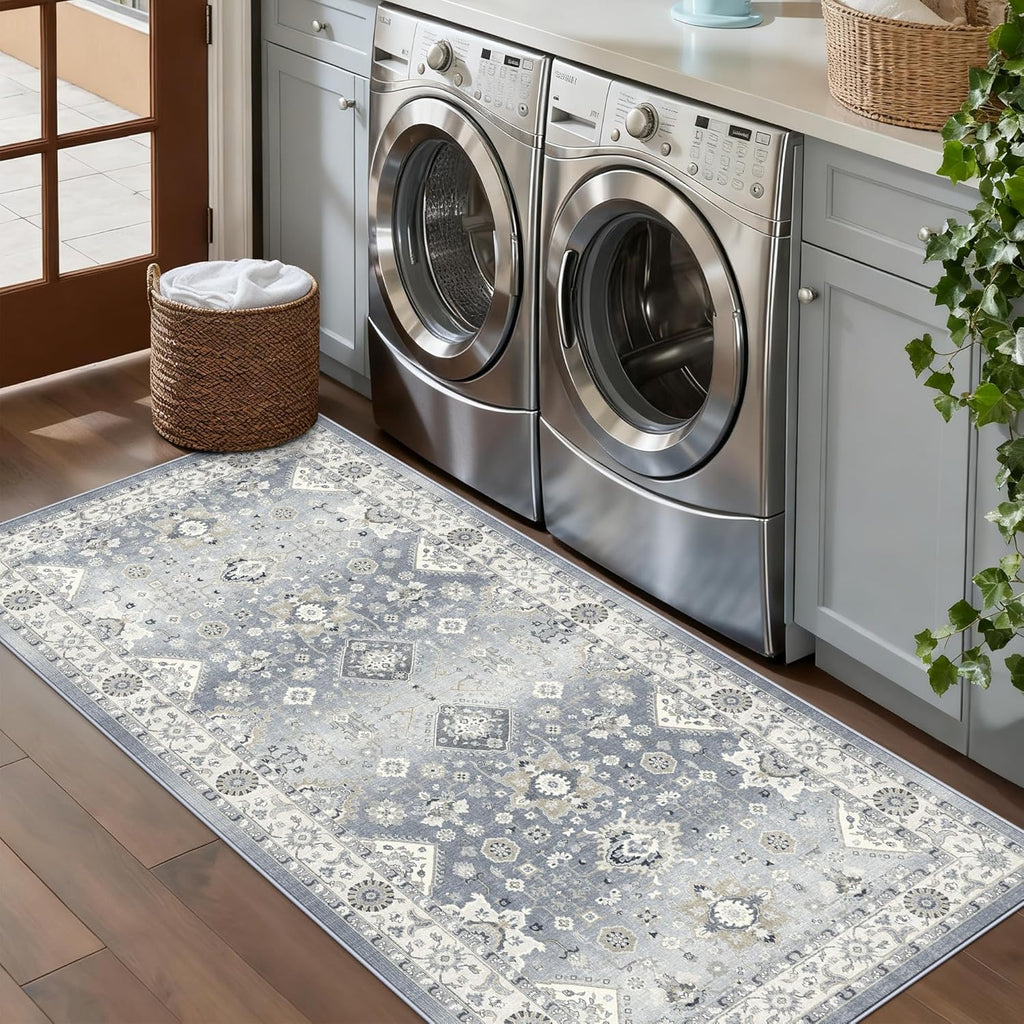 Skiennix Vintage Washable Runner Rug - Non-Slip Soft Carpet for Entryway | 3x6 Grey Stain Resistant Mat