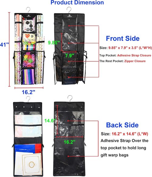 Freegrace Gift Wrap Organizer - Double-Sided 16 x 41 Inch Storage Bag for Wrapping Paper & Ribbons, Beige/Black