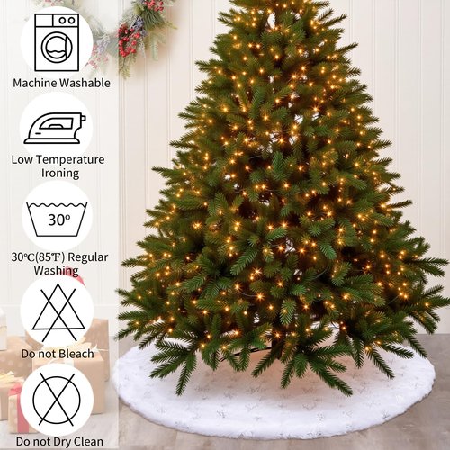 48 Inches Christmas Tree Skirt, Snowy Faux Fur White Tree Skirts with Silver Sequin Snowflakes for Xmas Tree Home Holiday Party Indoor Christmas Decorations with String Lights