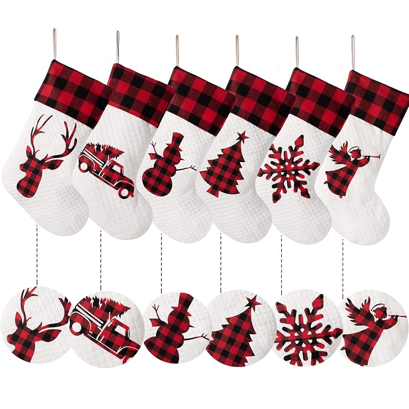 Set of 4 20in Christmas Stockings – Buffalo Plaid Rustic Farmhouse Cotton with White Variation