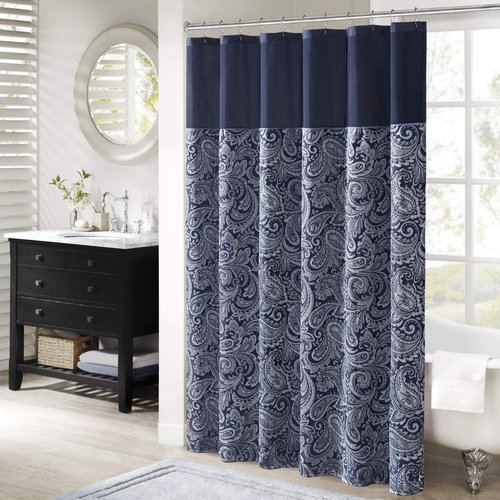 Madison Park Aubrey Shower Curtain Paisley Jacquard Pieced Microfiber Faux Silk Modern Home Bathroom Decorations Bathtub Privacy Screen, Decorative Bathroom, 72" x 72", Navy