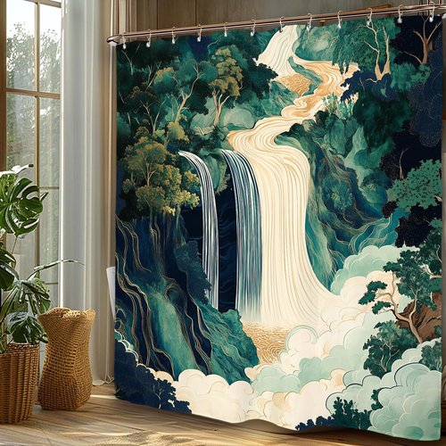 Miyotaa Abstract Waterfall Forest Shower Curtain Set 60Wx71H Inches Emerald Green Japanese Hokusai Aesthetic Landscape Forest Tree Polyester Waterproof Cloth Bathroom Curtain with 12 Hooks