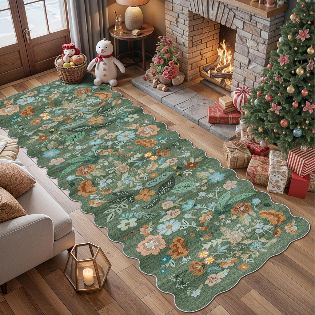 Skiennix Washable Hallway Runner Rug - Floral Scalloped Design | Non-Slip, Water-Resistant, Lightweight (3x10 Green)