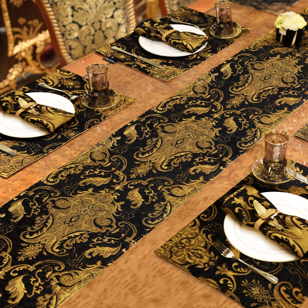 Loom and Mill Luxury Chenille Table Runner 108 Inches Long, Black Damask Jacquard Table Runners with Multi-Tassels for Halloween Dining Room Dresser Party Holiday Banquet Decorations(Black,13*108inch)
